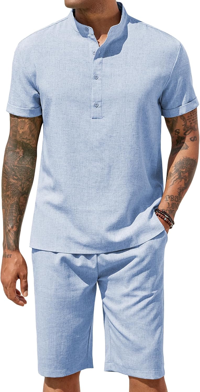 COOFANDY Men's 2 Pieces Set Short Sleeve Henley Shirts and Shorts Set Texture Summer Beach Vacation Outfits