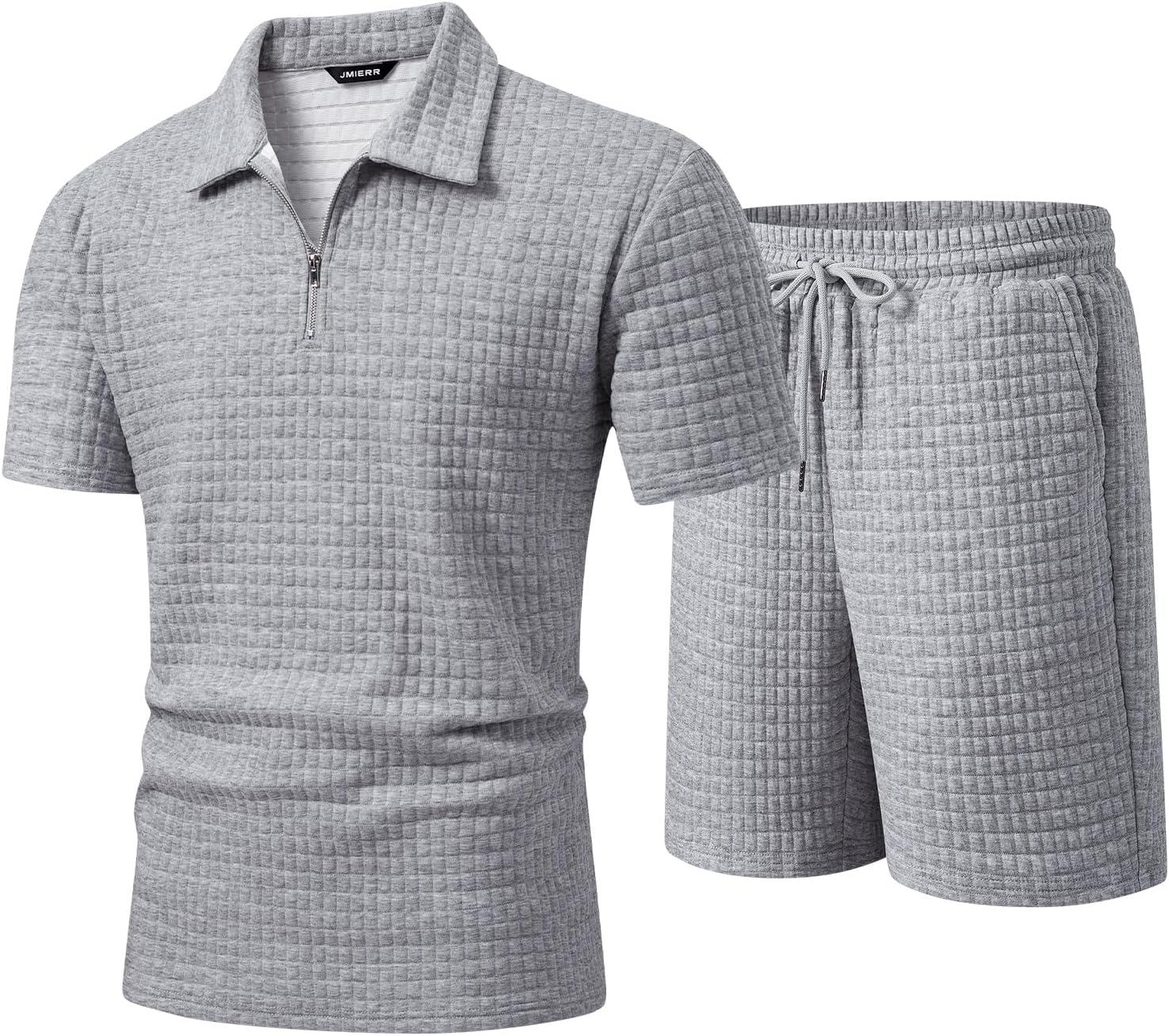 JMIERR Men's 2 Piece Waffle Knit Outfit Half Zip Polo Shirt and Shorts Textured Summer Set