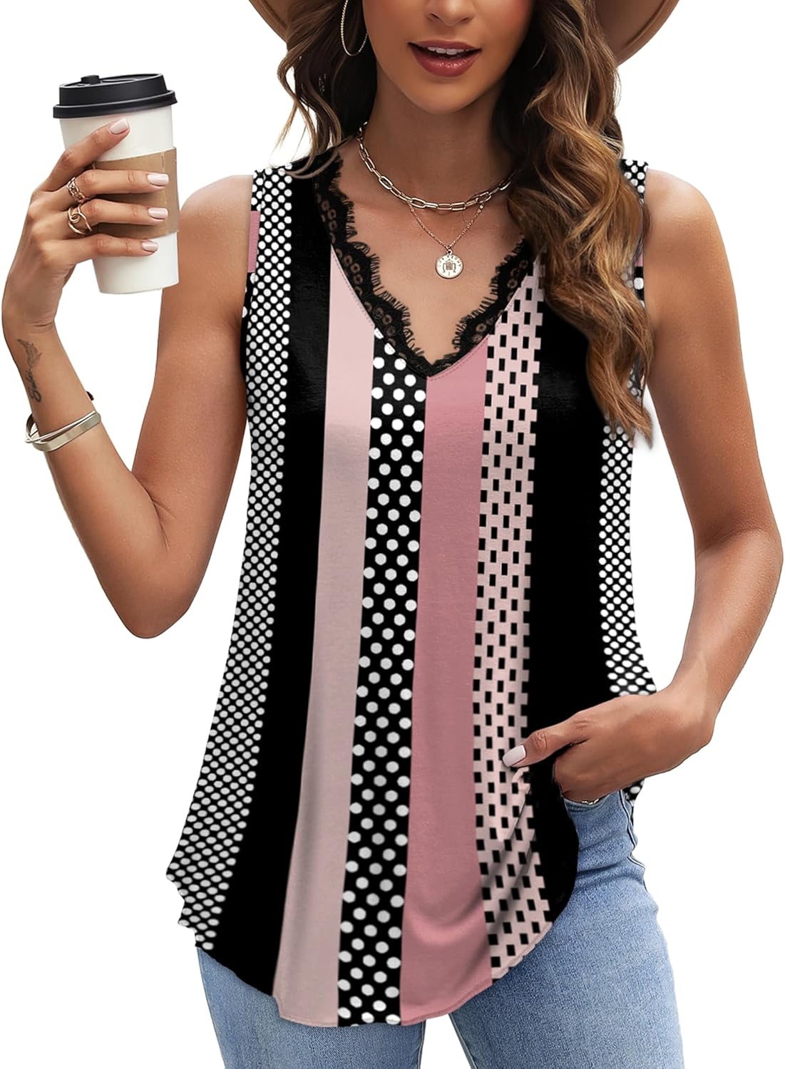 WIHOLL Women's Loose Fit V Neck Lace Sleeveless Summer Tank Top