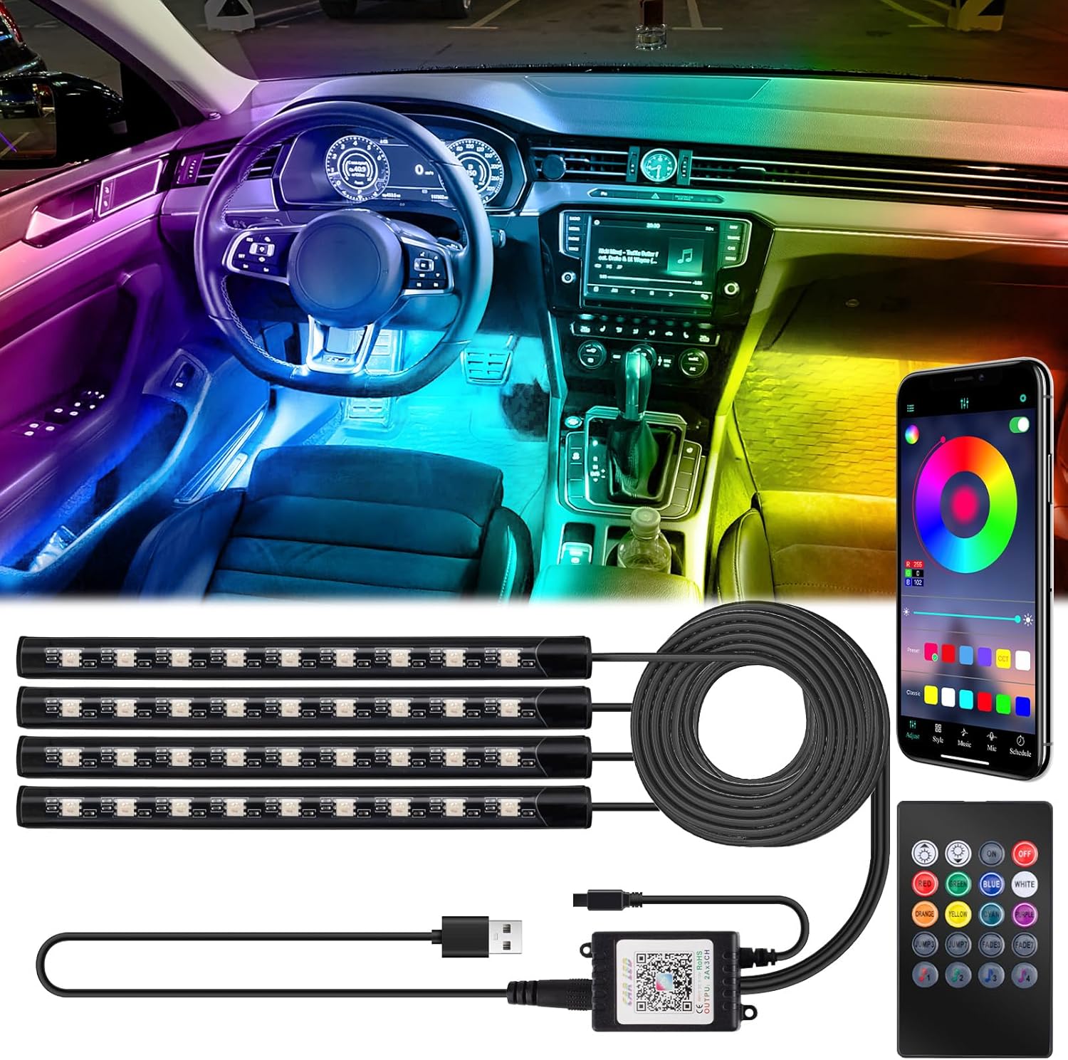 BFXM Car Interior Lights, Car Accessories Interior, 5V LED Strip Lights with USB Adapter, Ambient Lighting, App & Remote Control Music Sync Color Change Lights for Truck Car Decor (36LED Beads)