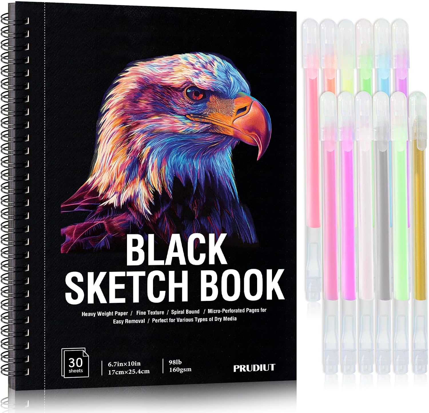 30 Sheets Black Paper Sketchbook with 12 Color Gel Pen Set, 98lb/160gsm Heavyweight Black Sketch Pad 6.7×10in, Acid-Free Drawing Paper, Spiral Bound Sketch Book for Teens, Artist