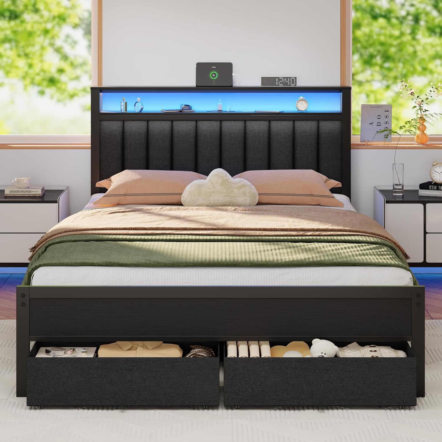 Queen Bed Frame with Storage Drawers and Upholstered Headboard | Metal Platform Bed with Charging Station, LED Lights, 2 Tier Shelves, Fabric Drawers. No Box Spring Needed, Noise Free, Grey