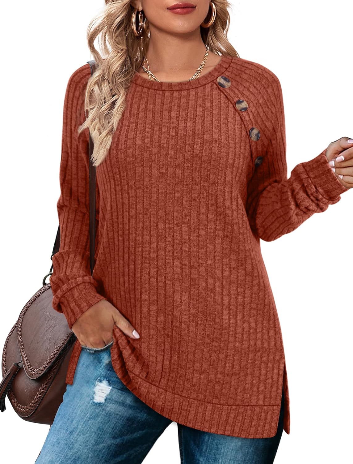 Bofell Long Sleeve Shirts for Women Lightweight Button Decor Tunic Tops Side Split