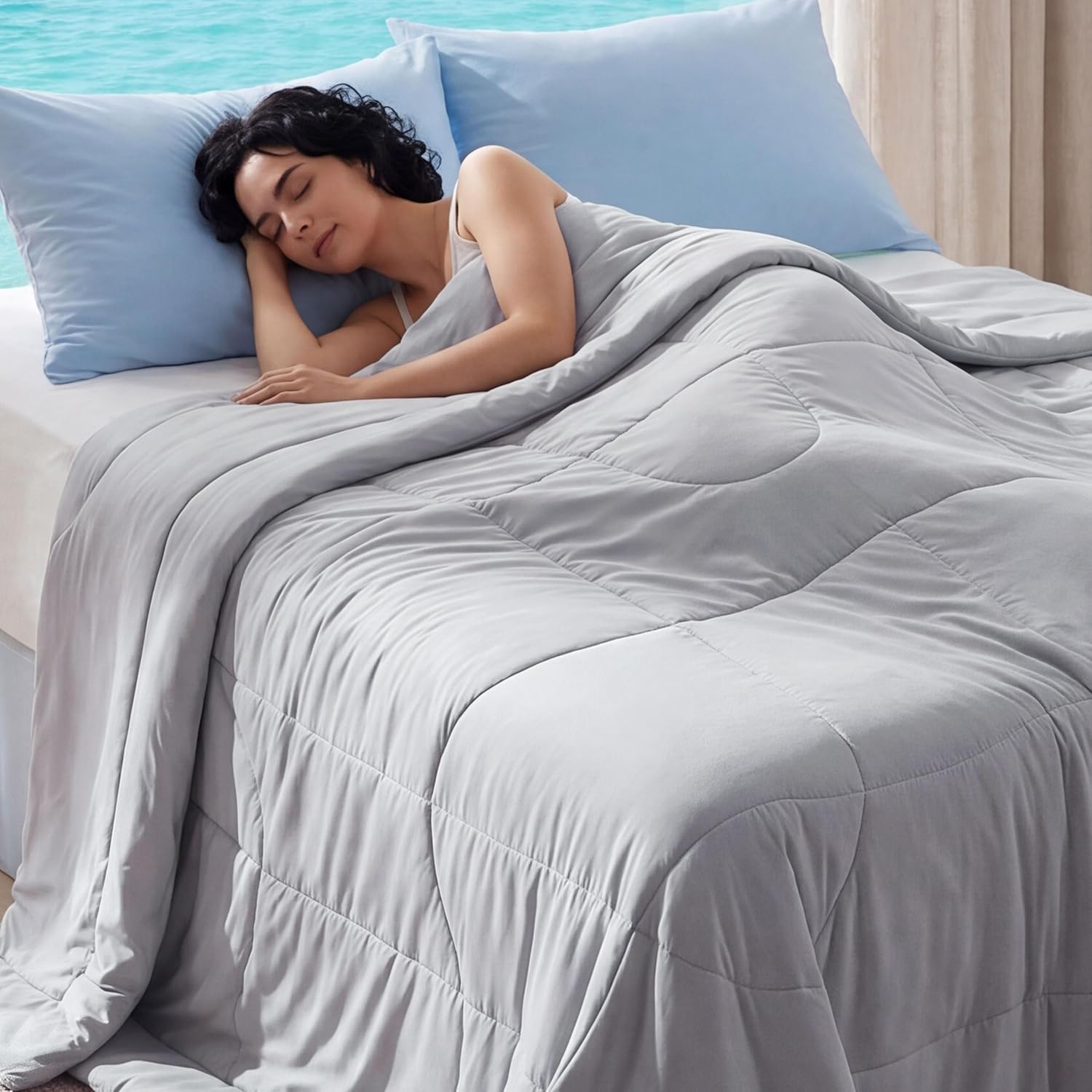 Bedsure Cooling Comforter Queen Size - Cooling Blankets for Hot Sleepers, Lightweight Comforter for Summer with Dual-Sided Cool Tech, Soft Breathable Cold Blanket for Sleeping, Grey, 88x88 Inches