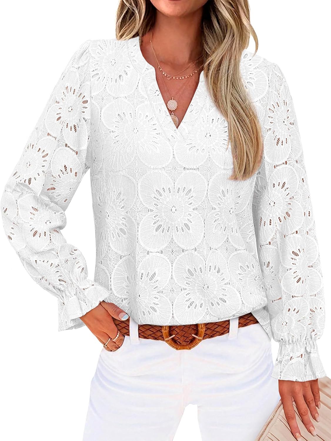 RUMIA Womens Blouses V Neck Eyelet Lace Tops with Lining Dressy Sheer Long Sleeve Shirts Embroidered Blouses 2026 Fashion