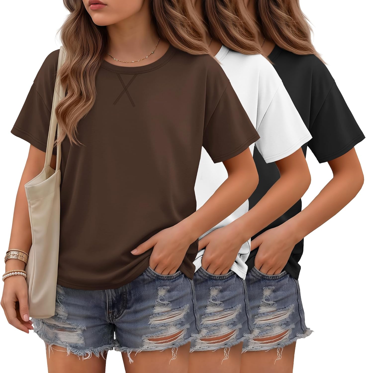 3 Pack Girls Short Sleeve T Shirts | Crewneck Tops, Loose Fit, Summer, Comfy Basic, Casual Blouse, Teen 5-14 Years, Soft, Breathable, Daily Wear