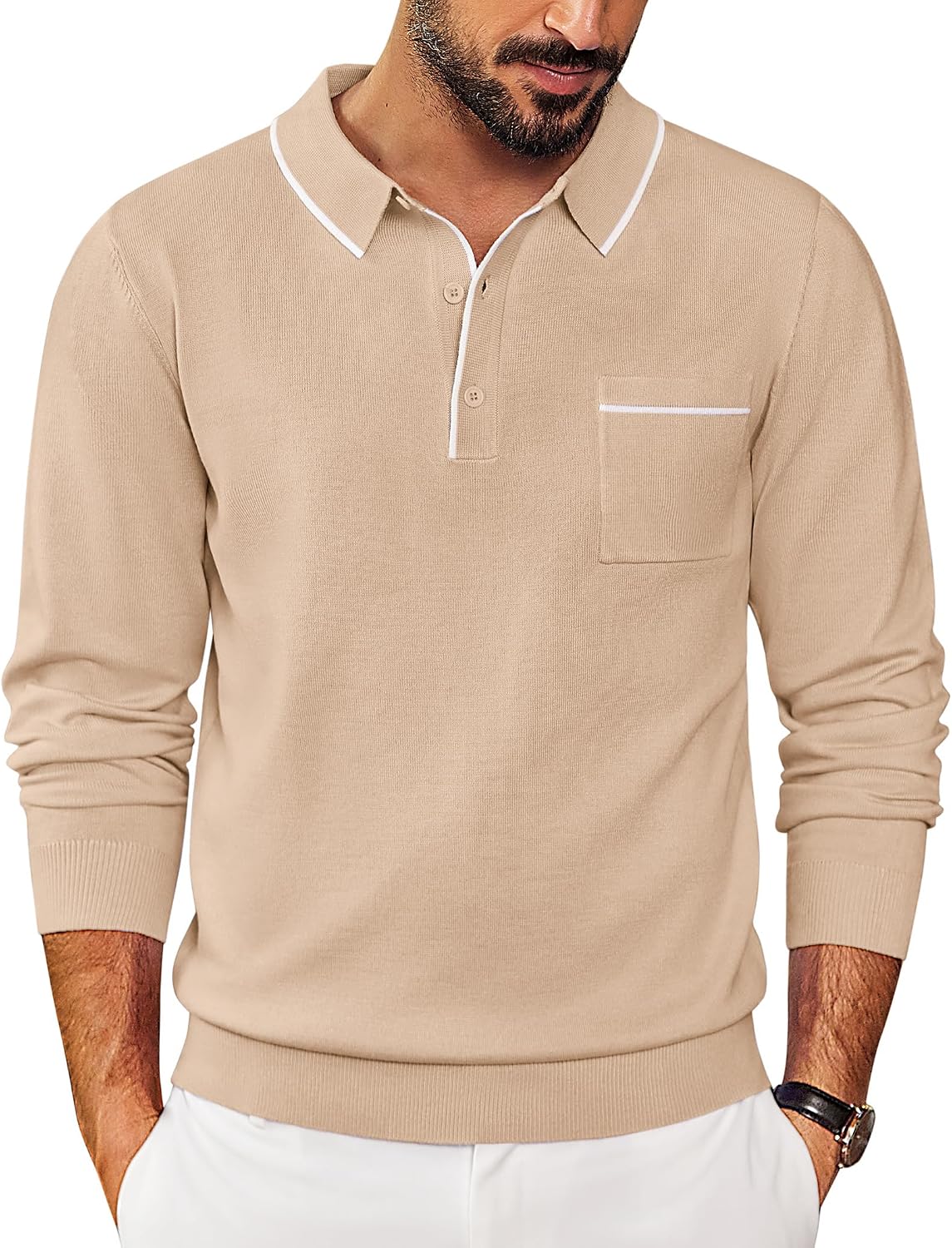 COOFANDY Mens Knit Polo Long Sleeve Collared Sweater Polo Business Casual Polos with Pocket