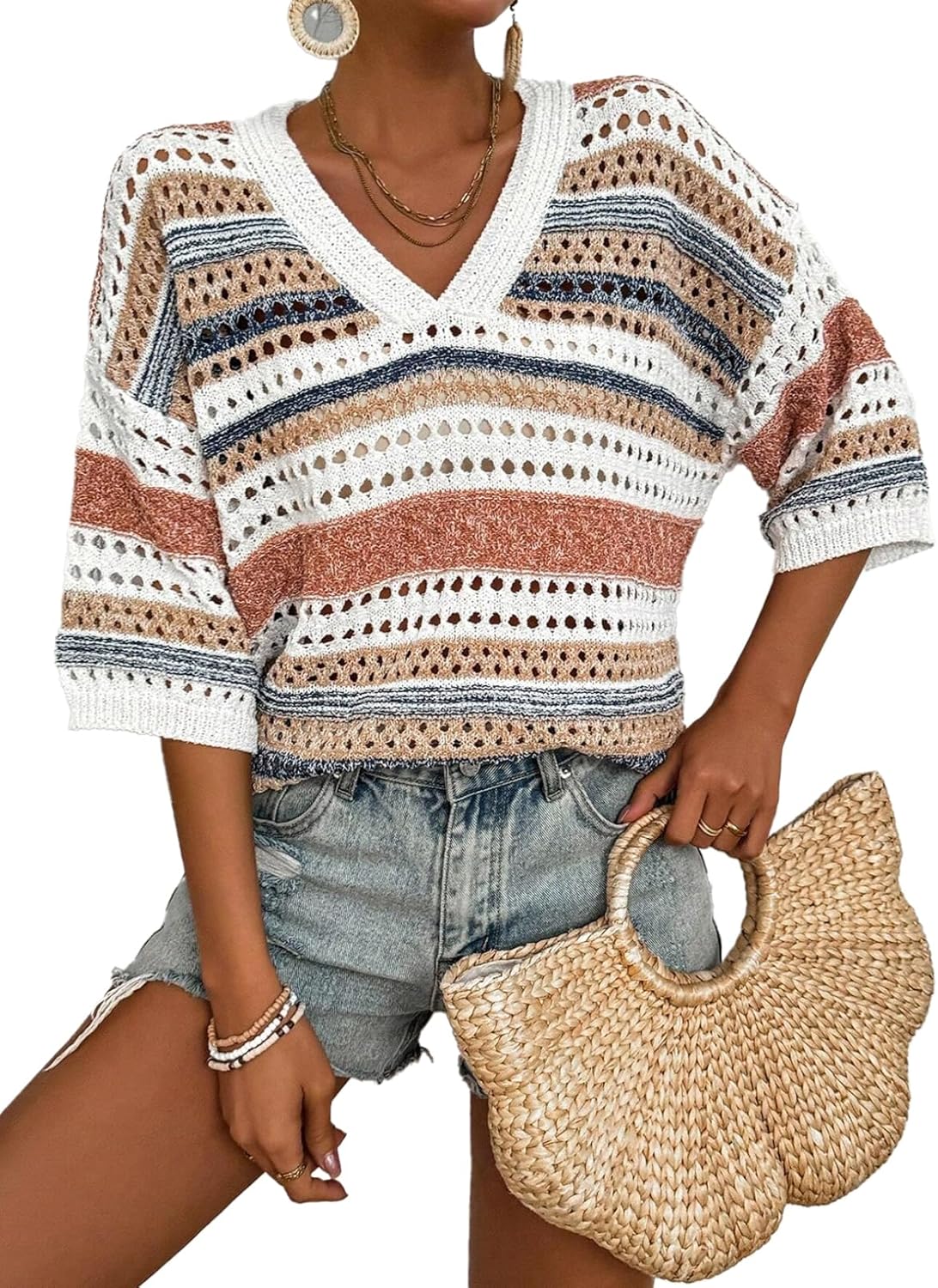 Acelitt Women's Boho Striped Crochet Knit Top V Neck 3/4 Sleeve Hollow Out Oversized Sweater Lightweight Summer Blouse