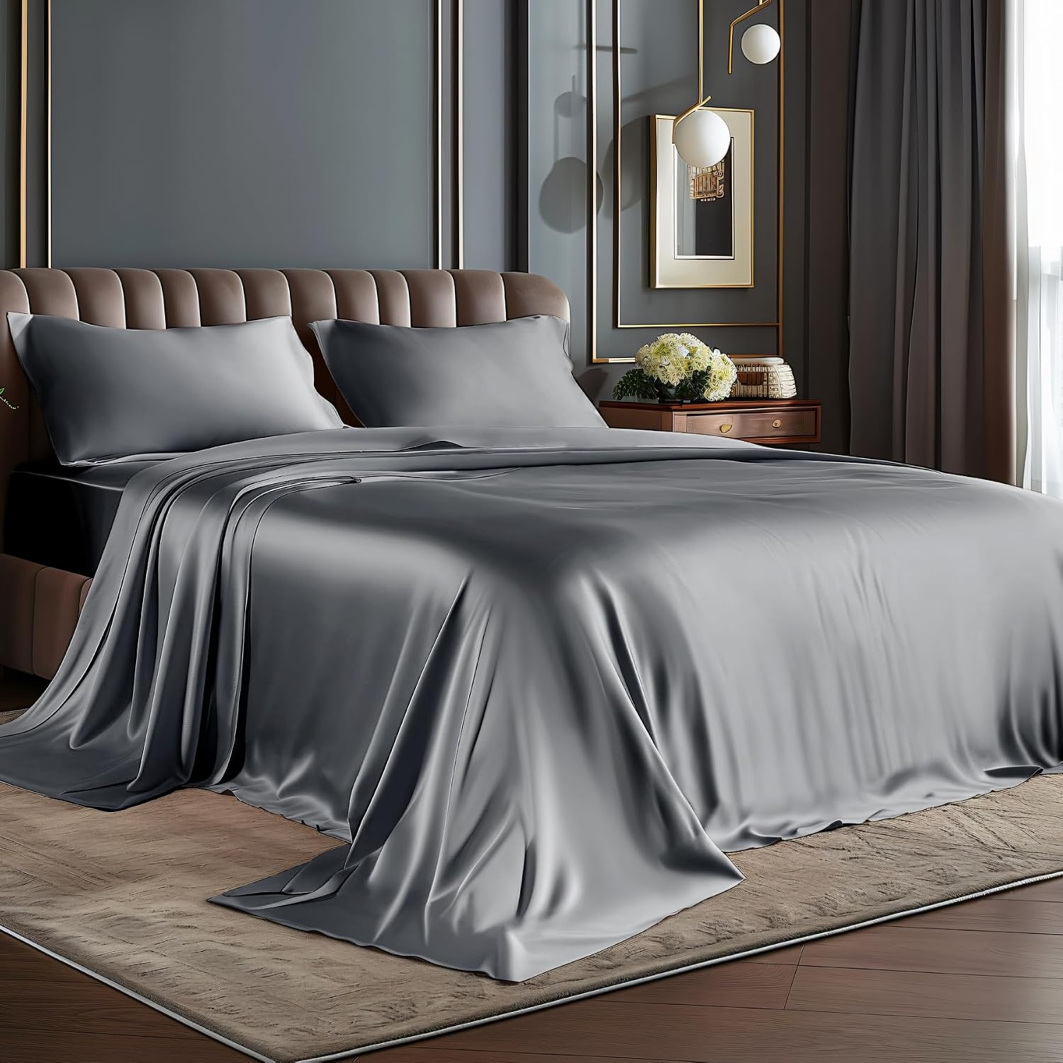 BEDELITE Satin Sheets King Size Bed Set, Dark Grey, 4 Pieces | Luxury Silky Bed Sheets, 15 Inch Deep Pocket, Similar to Silk, Soft and Cooling, Reduces Friction, Gentle on Hair and Skin