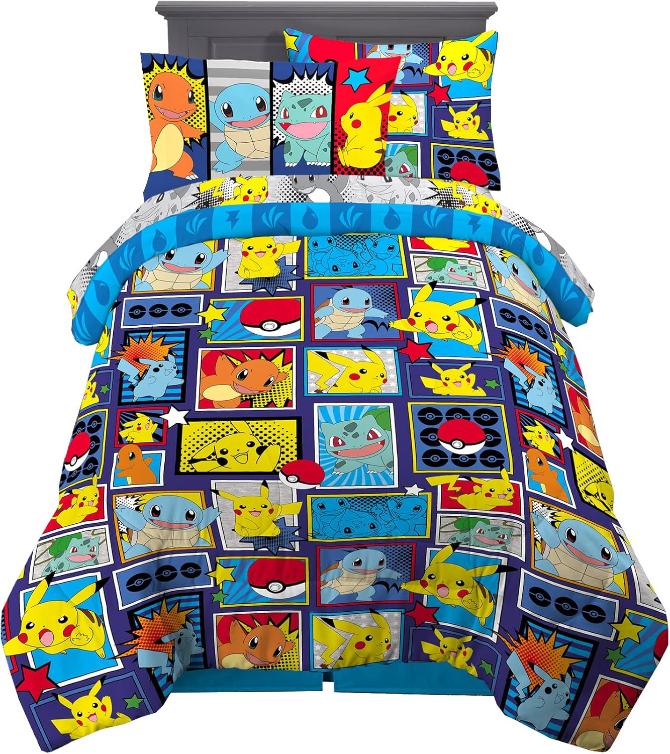 Pokémon Pikachu Twin Size Bedding, Kids Bedding Super Soft Cozy Reversible Comforter and Sheet Set with Sham, 5 Piece Twin Size, (Officially Licensed Product) by Franco