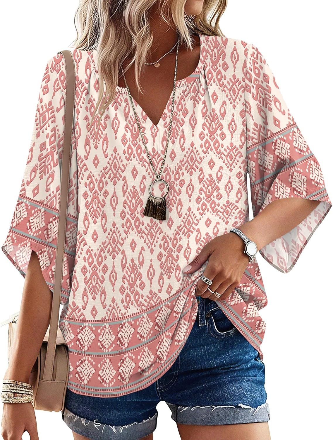 LOMON Women's 3/4 Length Sleeve Boho Tops V Neck Casual Vacation Clothes Loose Fit Tunic Shirts S-3XL