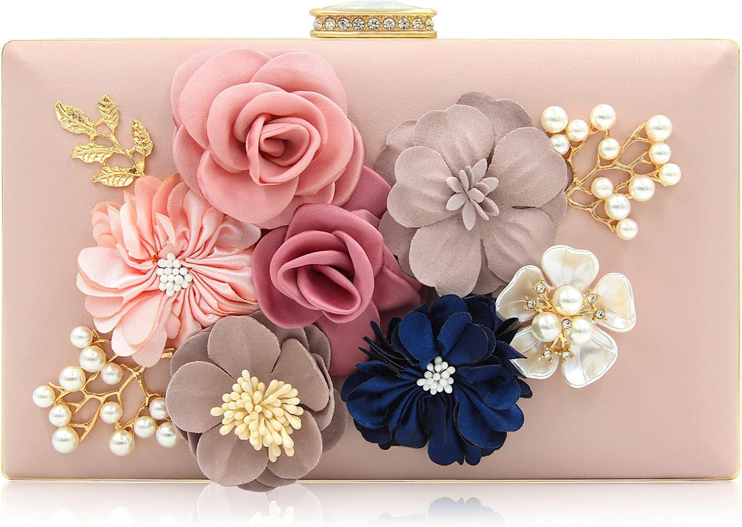 Clutch Purses for Women Floral Flower Wedding Evening Bag | PU Leather, Long & Short Chain Straps, Card Pocket | Wedding, Prom, Cocktail | Rhinestone Clasp