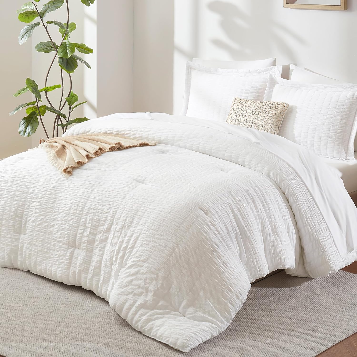 Queen Comforter Set, 7 Pieces White Seersucker Bed in a Bag | OEKO-TEX Certified, All Season Bedding Set with 240 GSM Down Alternative Comforter, Flat & Fitted Sheets, Pillowcases & Shams