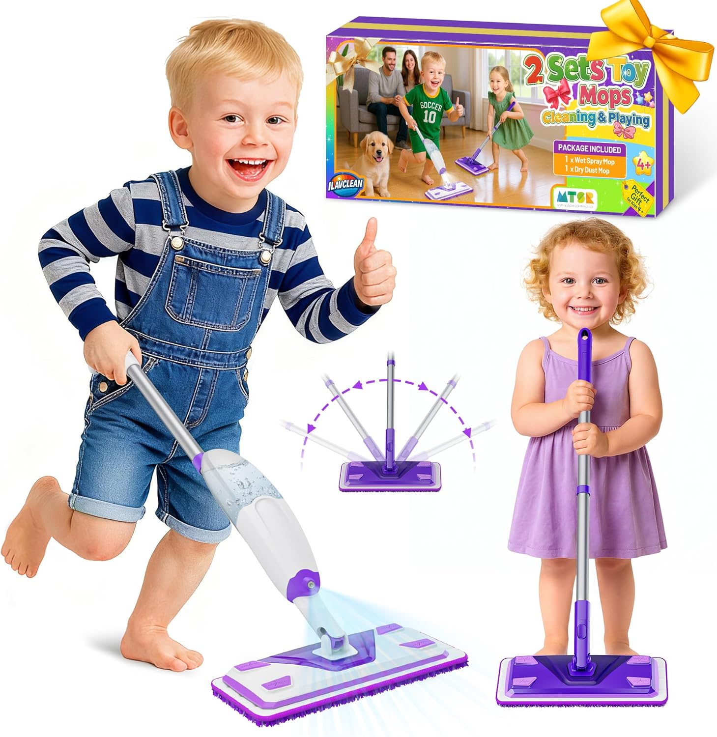 2 Set Toy Mop for Kids - Toddler Real Spray Flat Floor Mop Montessori Cleaning Toy Set, Educational and Fun Gifts for Boys and Girls Ages 4+