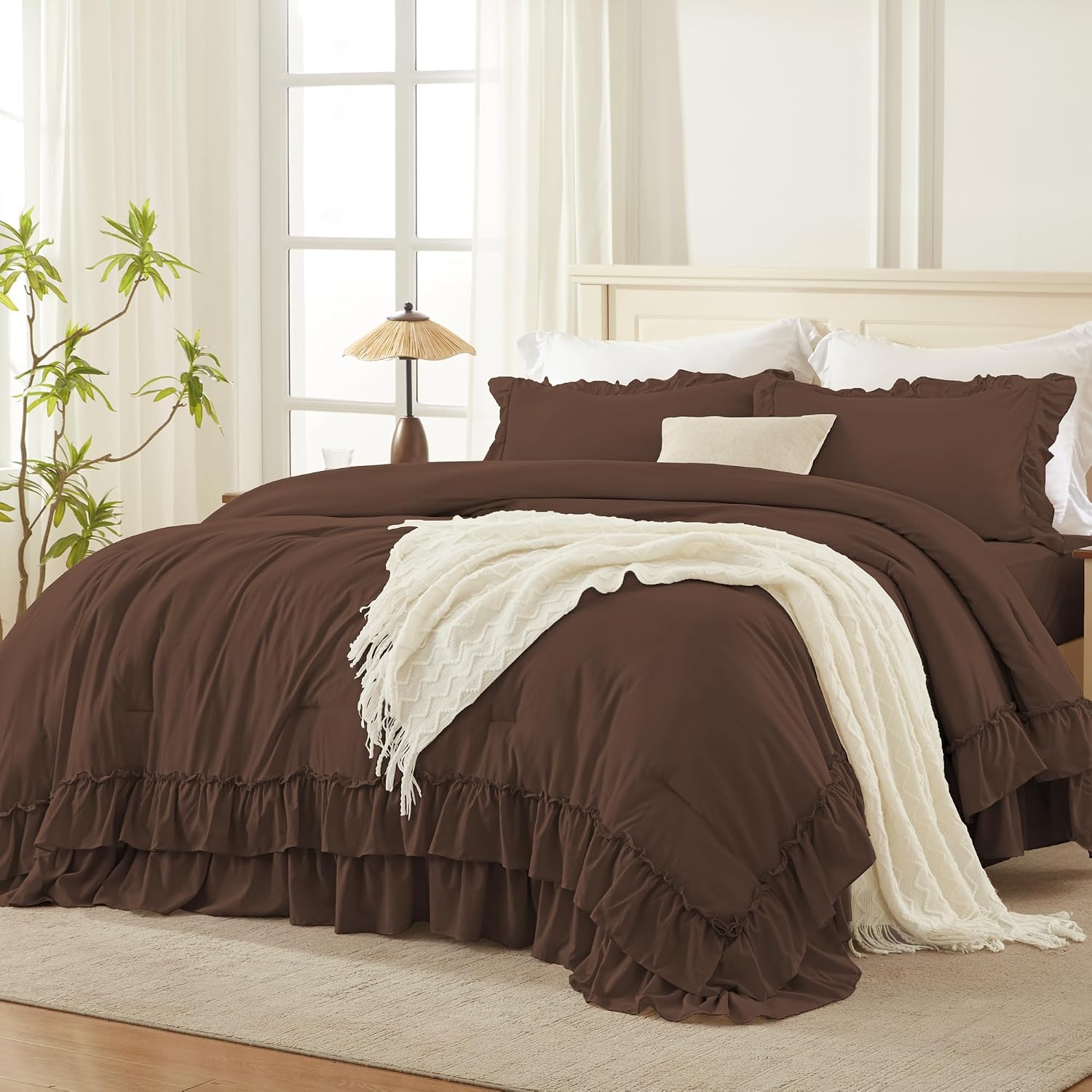Brown Ruffle Comforter Set Queen Size, 3 Pieces | Soft Lightweight Fluffy Polyester, Farmhouse Shabby Chic, All Season Bedding Comforter Set (1 Comforter and 2 Pillowcases)