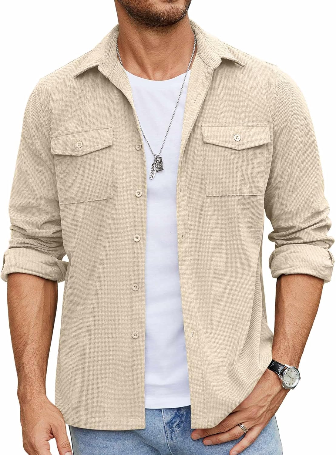 COOFANDY Men's Button Down Waffle Shirt Jacket Casual Long Sleeve Shacket Lightweight Overshirts with Flap Pockets