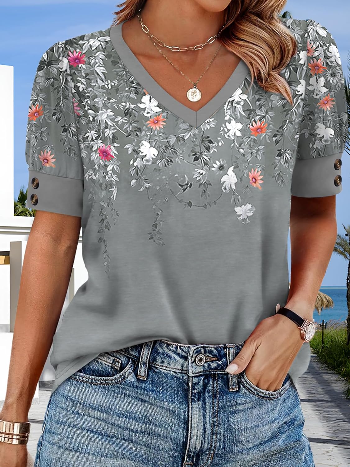 Womens Tops Short Sleeve Shirts Buttons V Neck Summer Fashion Outfits Plus Size Blouses Dressy Casual