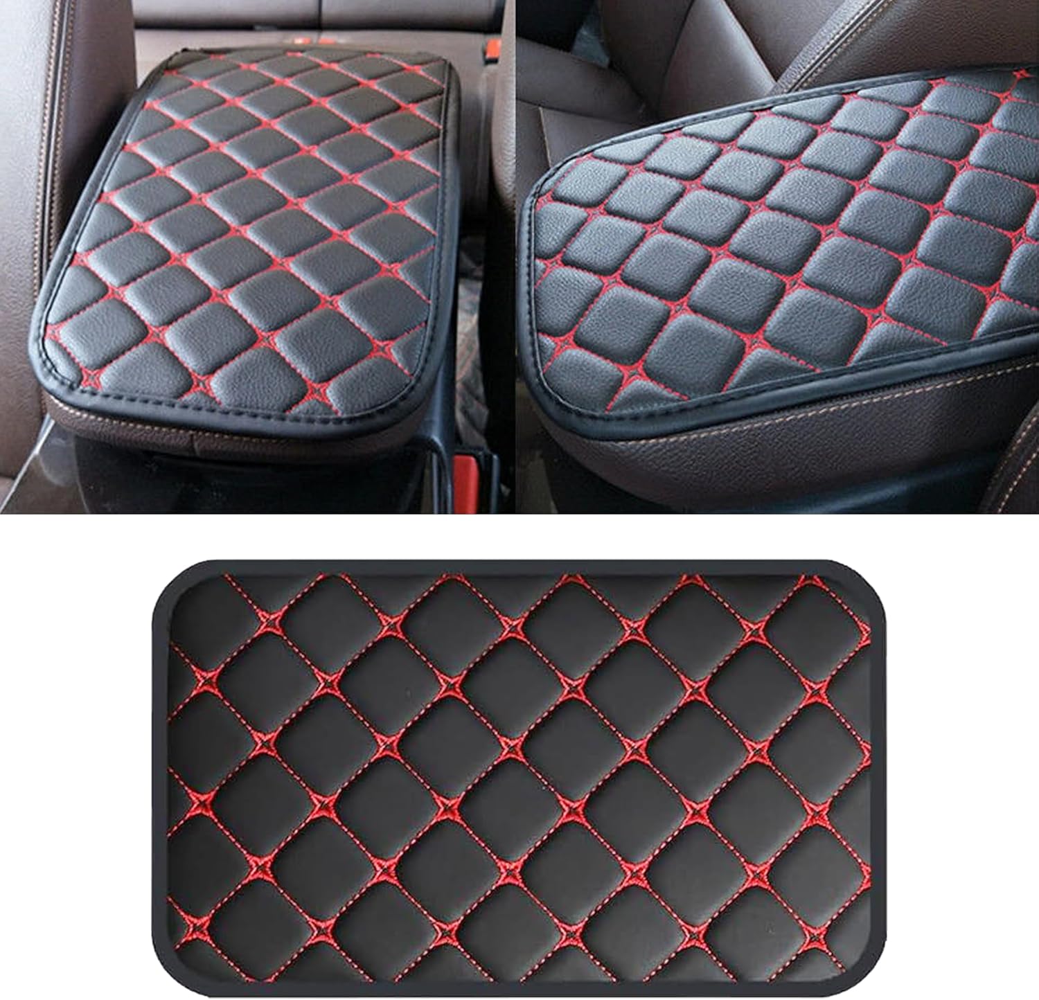 Car Center Console Cushion Pad, Universal PU Leather Waterproof Car Armrest Protection Cover, Comfortable Universal Car Interior Decor Accessories for SUV, Sedan, Truck (Black/Red)