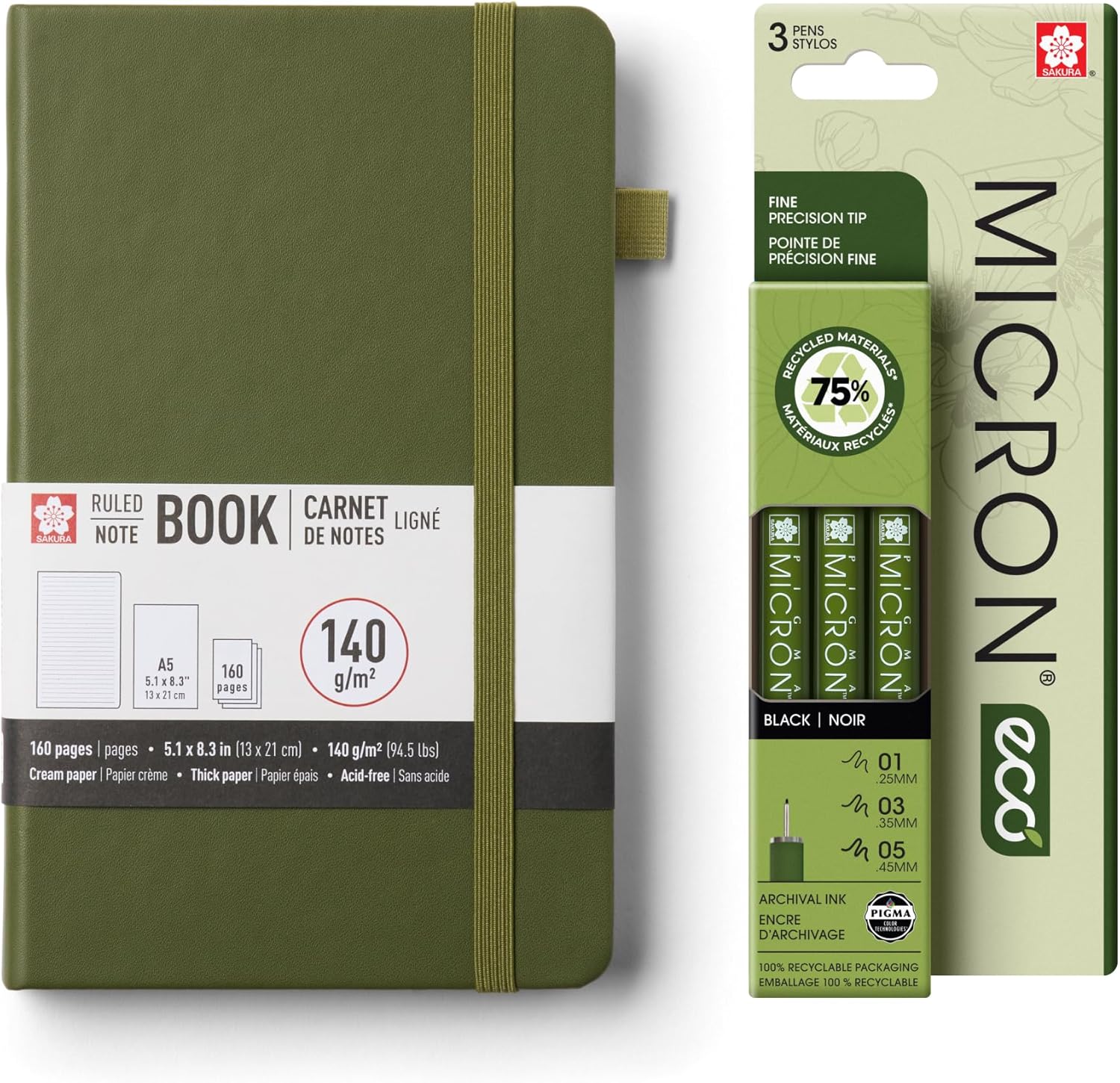 Sakura A5 Notebook & Pigma Micron Bundle - Creative Set for Journaling, Sketching & Writing - A5 Notebook with 140 GSM Paper - Archival Ink Pens - Stationery Bundle - 5.1 x 8.3"