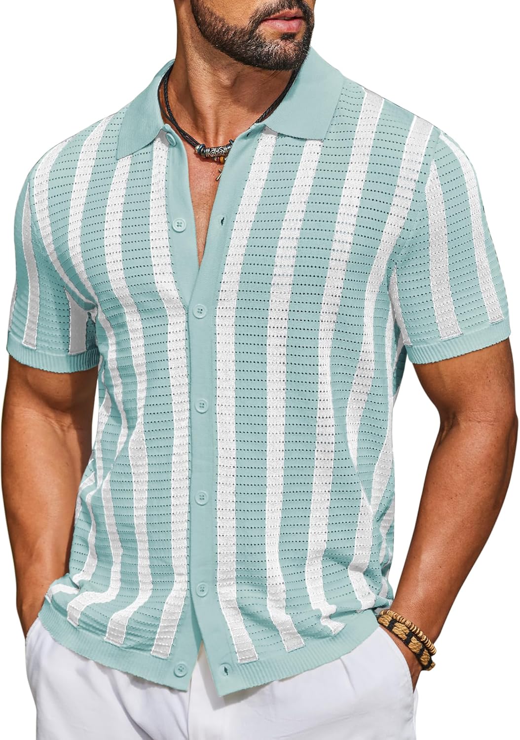 COOFANDY Men's Knit Shirts Short Sleeve Button Down Polo Shirt Striped Casual Summer Beach Shirts
