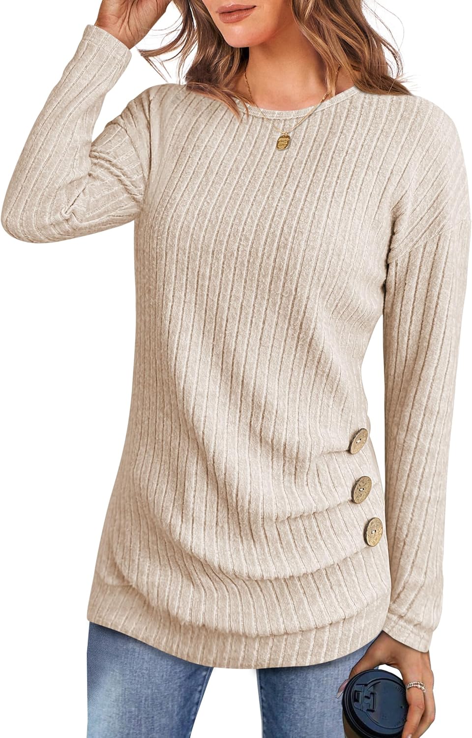 ANRABESS Womens Long Sleeve Tunic Top 2026 Fall Sweaters Lightweight Ribbed Knit Buttons Shirts Casual Work Outfits