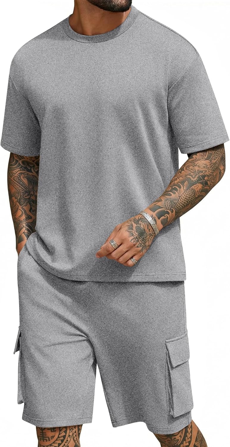 COOFANDY Men's Shirt and Shorts Set 2 Piece Fashion Summer Tracksuits Cotton Oversized T-Shirts Cargo Shorts Outfits