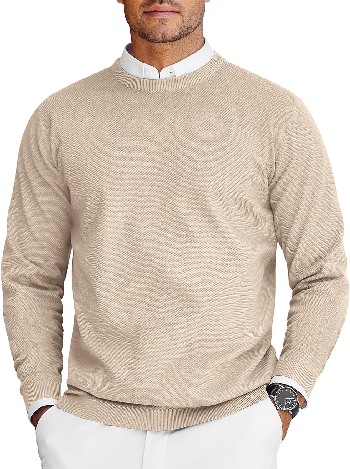 COOFANDY Mens Crew Neck Sweaters Long Sleeve Lightweight Knit Dress Pullover Sweaters
