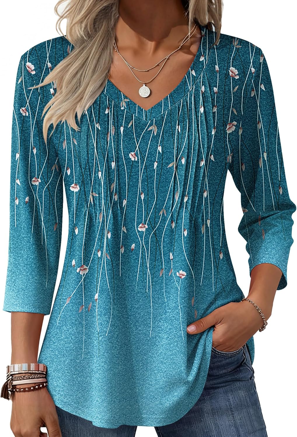 Zeagoo 3/4 Length Sleeve Womens Tops Casual V Neck Pleated Top Boho Floral Blouses Work Shirts