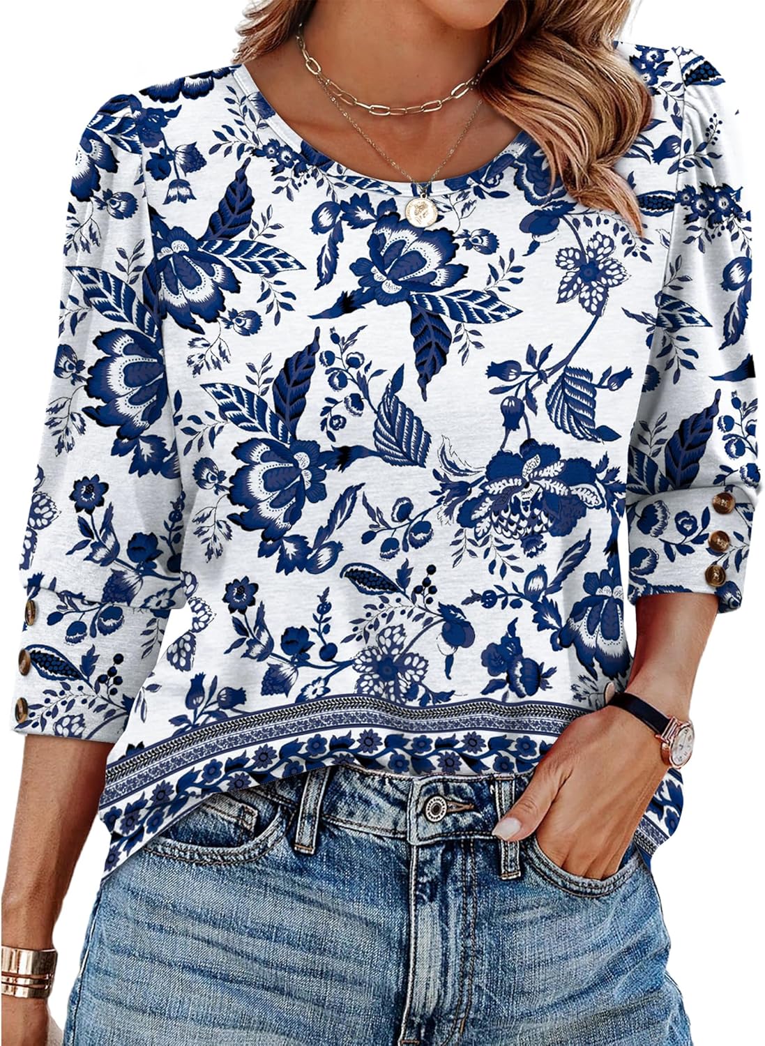 Womens Tops 3/4 Sleeve with Buttons Dressy Casual Blouses Summer Outfits Beach Vacation Plus Size Spring Clothes