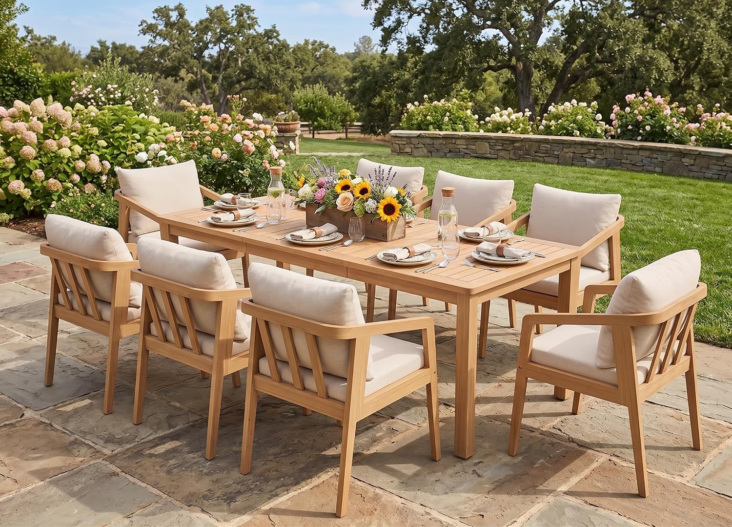 FansaFurn 9 Piece Acacia Outdoor Patio Table and Chairs Set for All-Weather | Outside Furniture with Table Umbrella Hole and Removable Cushion for 8, Outdoor Furniture Set for Garden, Patio, Beige