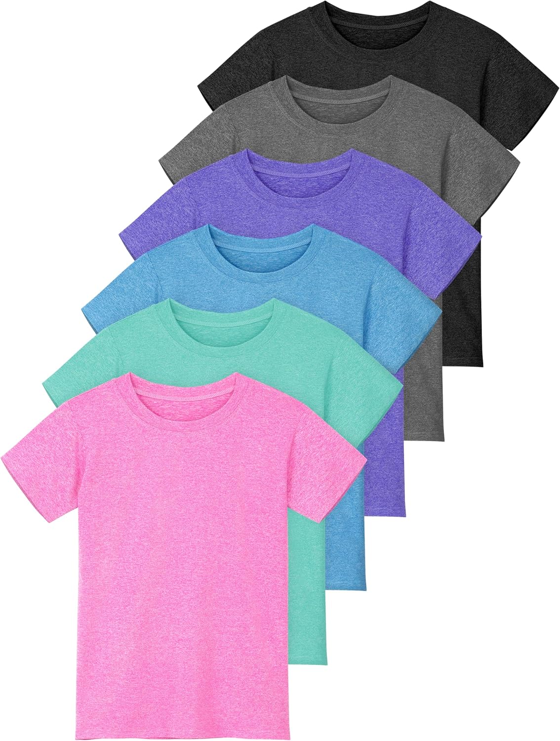 Poroka 6 Pack Girls Athletic Shirts Short Sleeve T-Shirts Crew Neck Dry-Fit Shirts Activewear Tees Tops Casual Shirt