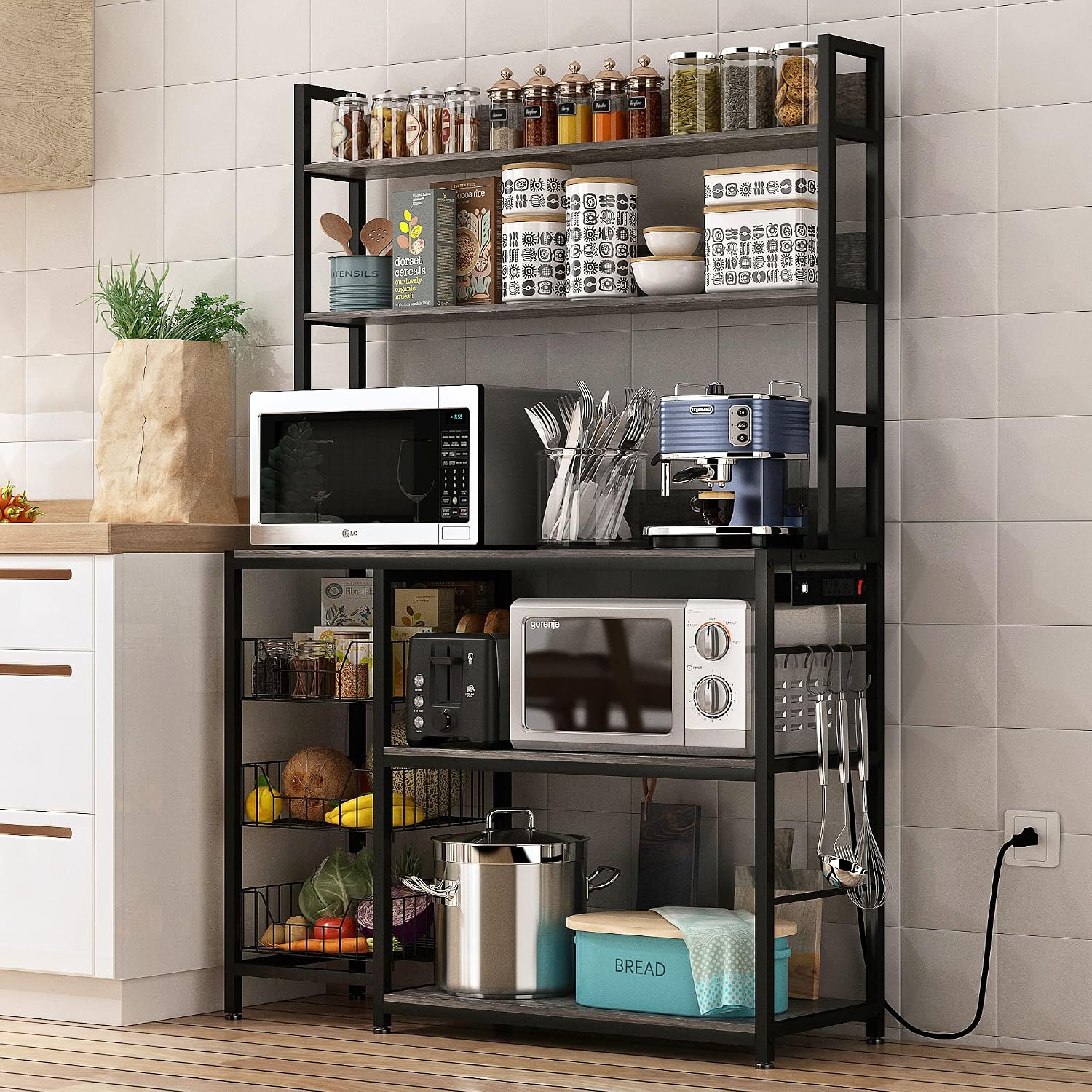 Kitchen Bakers Rack with Baskets and Power Outlet,5-Tier Kitchen Utility Storage Shelf with Hooks, Microwave Oven Stand Rack,Vintage Grey Free Standing Kitchen Shelf