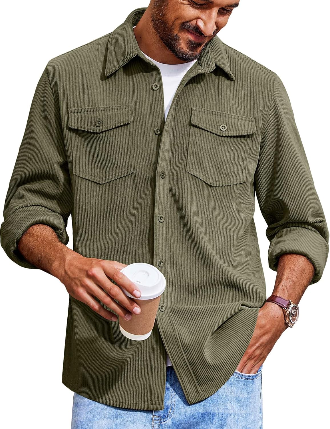COOFANDY Men's Corduroy Button Down Shirts Jackets Casual Long Sleeve Shacket Lightweight Overshirts with Flap Pockets