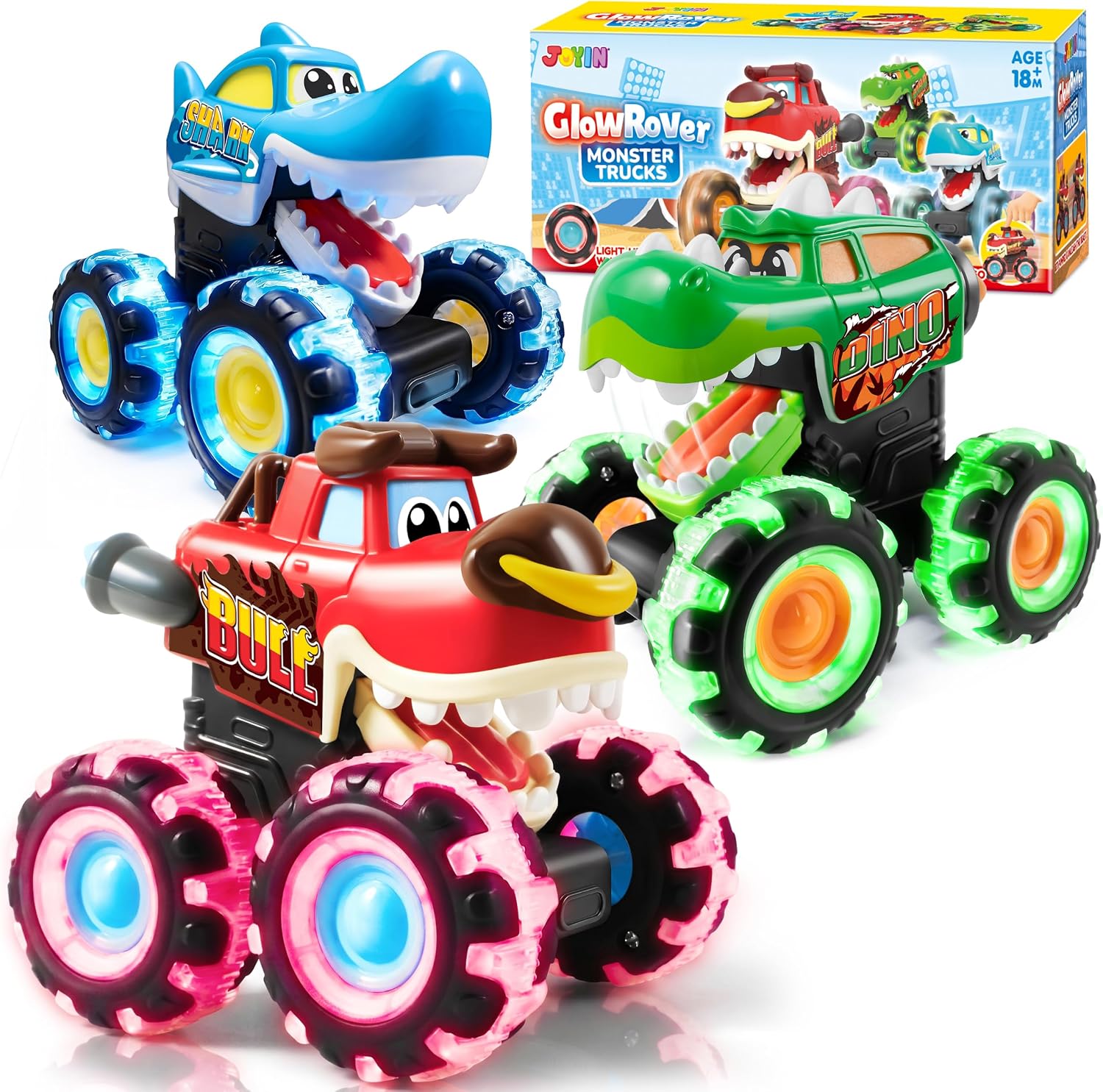 JOYIN 3 Pack Monster Truck Toy - Motion Activated Light Up Cars for Toddlers - Monster Glow Rover LED Wheels - Baby Boy Toys - Press and Go Dinosaur Trucks for Kids Boy Birthday Gifts