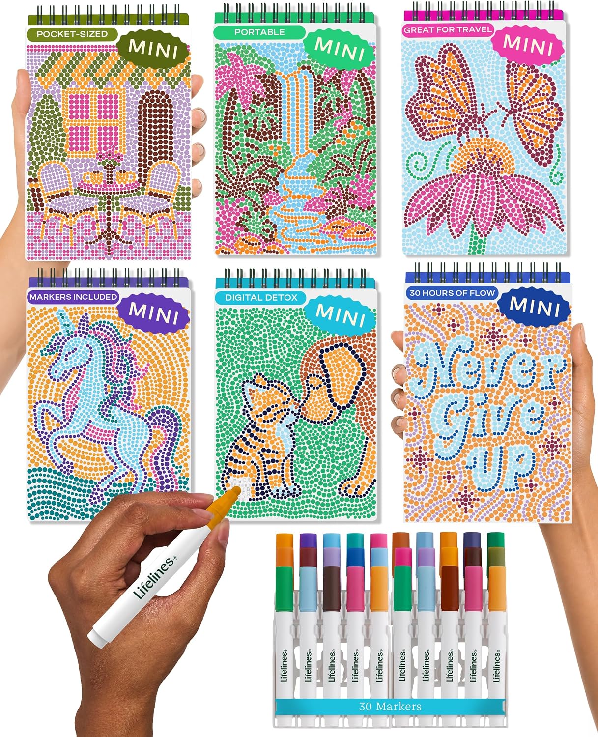 Lifelines FlowArt Mini Activity Pads, 6-Pack - Guided Dot-by-Letter Art Meditations with Markers - 30 Markers & 120 Scenes - Pocket-Sized Coloring Books for Tweens, Adults & Seniors - Patent-Pending