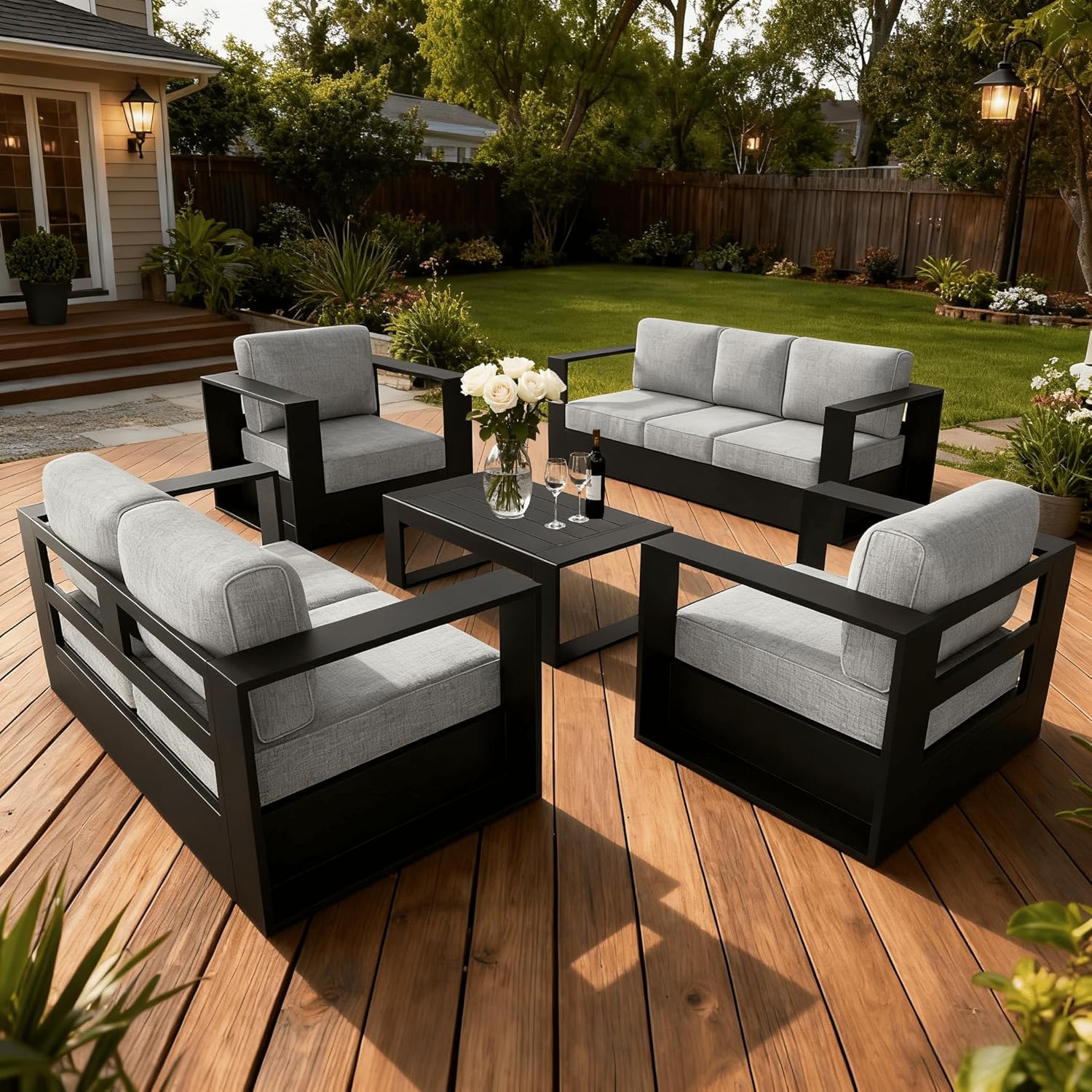 5 Piece Oversized Aluminum Outdoor Furniture Set with Coffee Table | Patio Sofa Sets, Deep Seating and Upgraded 6-inch Cushions for Porch, Balcony, Deck