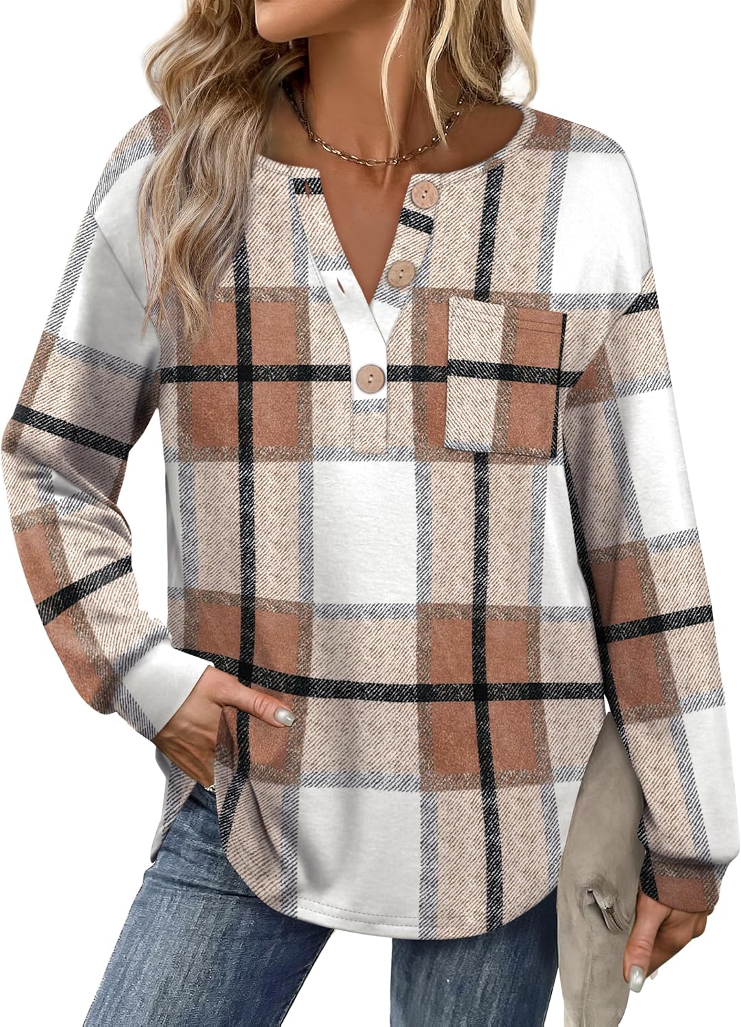 OFEEFAN Womens Tops Long Sleeve Curved Hem Tunic Tops V Neck Henley Shirts for Women Dressy Casual with Pocket