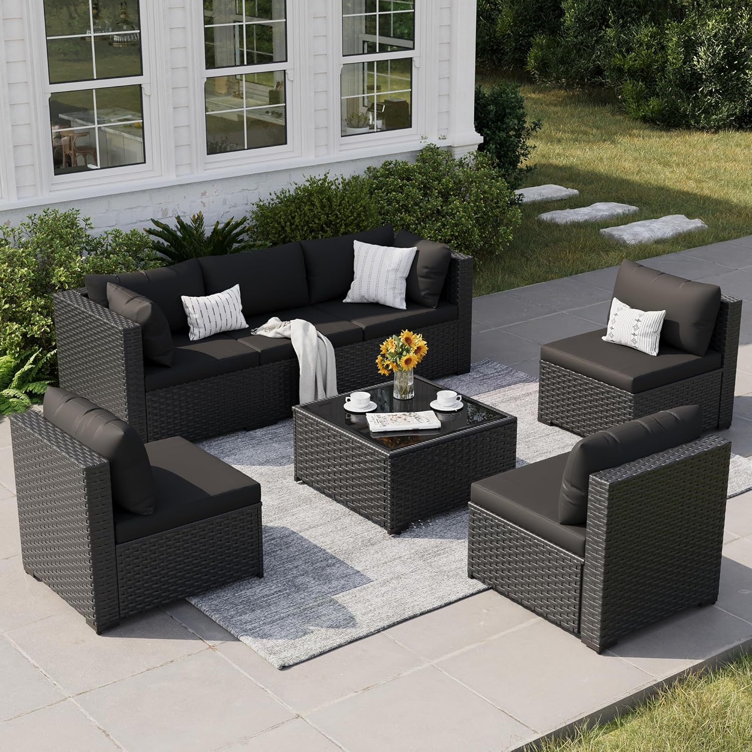 Patio Furniture Set, 7-Piece Outdoor Wicker Sectional Sofa, Black | All Weather, Patio Conversation Set for Backyard, Poolside, Garden