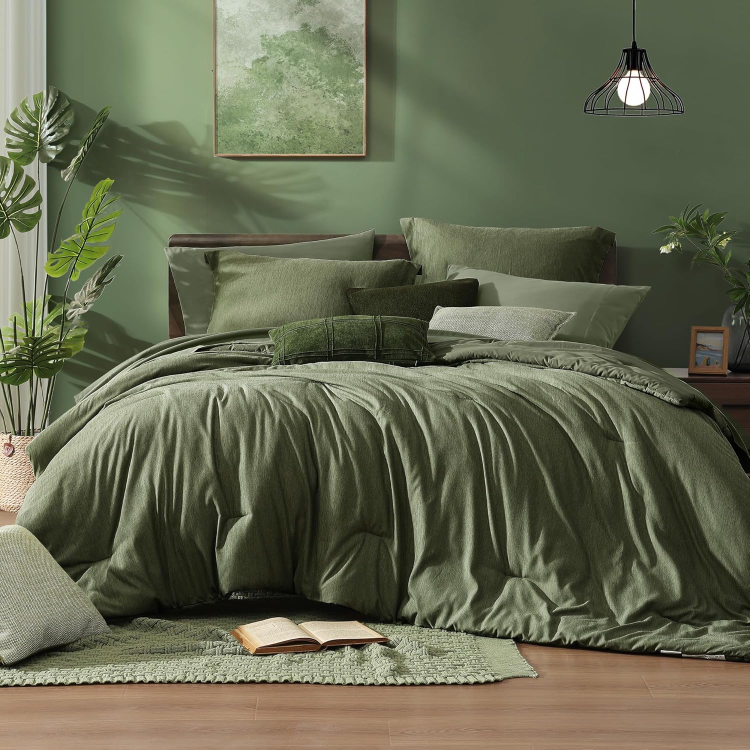 Monbix Queen Comforter Set 7 Pieces Cationic Green Bed in a Bag | Cationic Dyeing Reversible All Season Bedding Sets with Comforter, Sheets, Pillowcases & Shams
