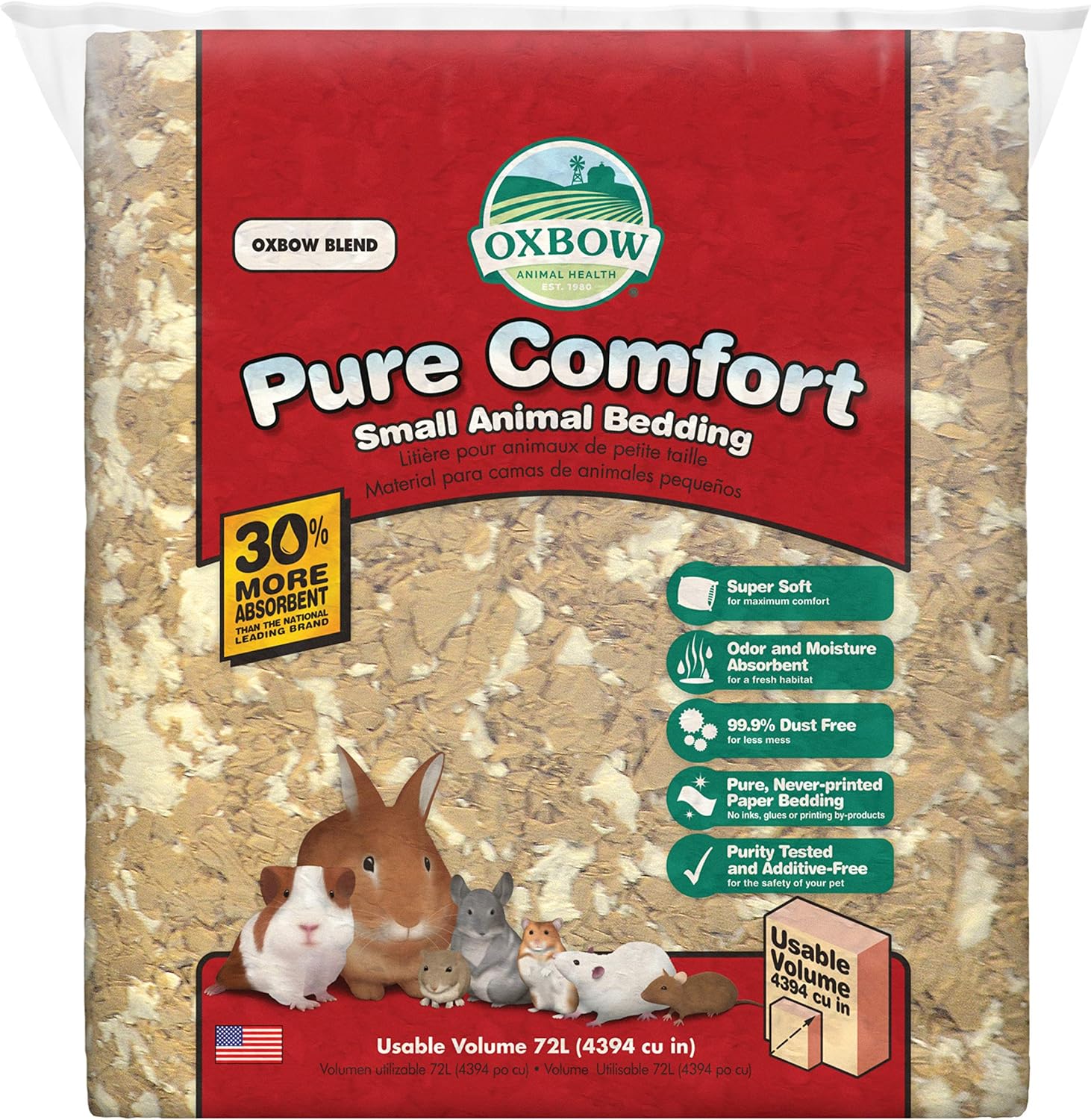 Oxbow Small Animal Bedding, Hamster, Guinea Pig, Rabbit, Blend, USA, 72 L | Pure Comfort, Hamster Bedding, Guinea Pig Bedding, Low Dust, Virgin Paper, Litter Box, Bunny, Rats, Gerbils, Chinchillas