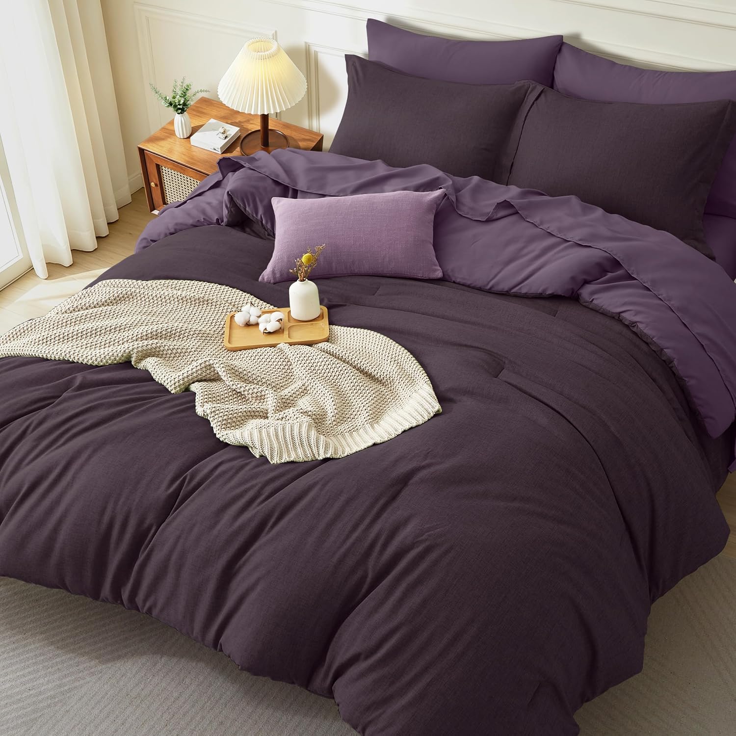 Cationic Dyed Comforter Set Queen Size, Italian Plum Bed in a Bag | Cooling Comforters for Hot Sleepers, Luxury Lightweight Cozy Soft, Linen Like bedding set, Fade-resistant, Machine Washable