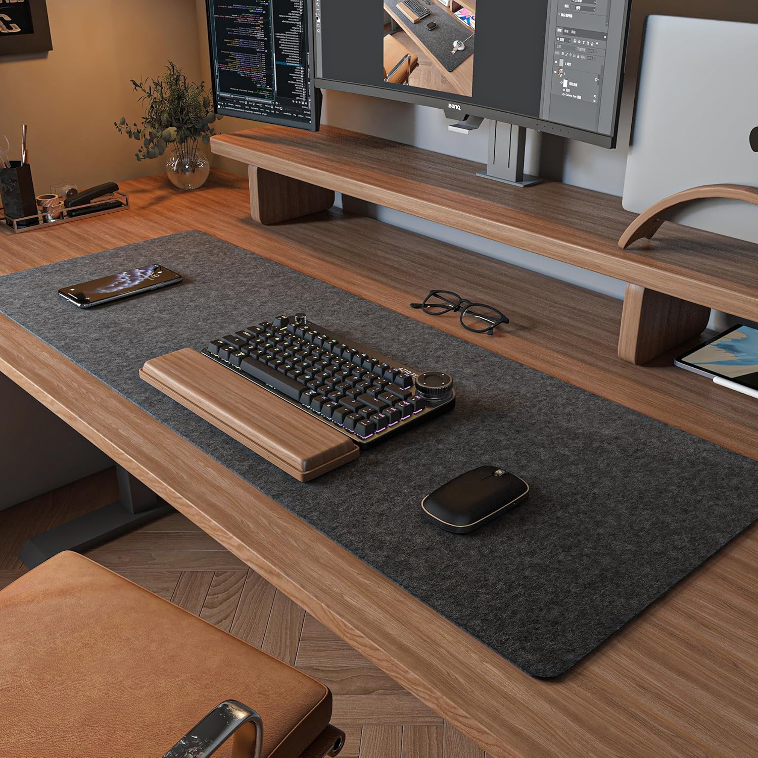 DAWNTREES Felt Desk Mat, Computer Mat for Desk, Dark Gray (36x12Inches) | Non-Slip Large Felt Mouse Pad and Keyboard Mat, Felt Desk Pad for Office and Home, Desktop Protection