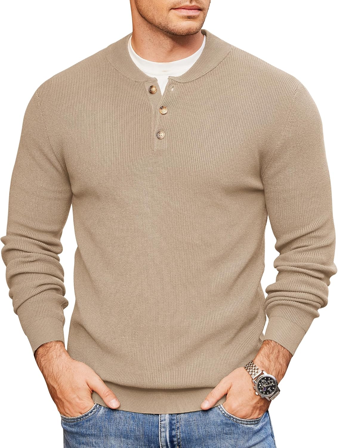 COOFANDY Men Henley Knit Sweater Dress Long Sleeve Button Pullover Sweater Casual Sweater Lightweight Slim Fit Tops