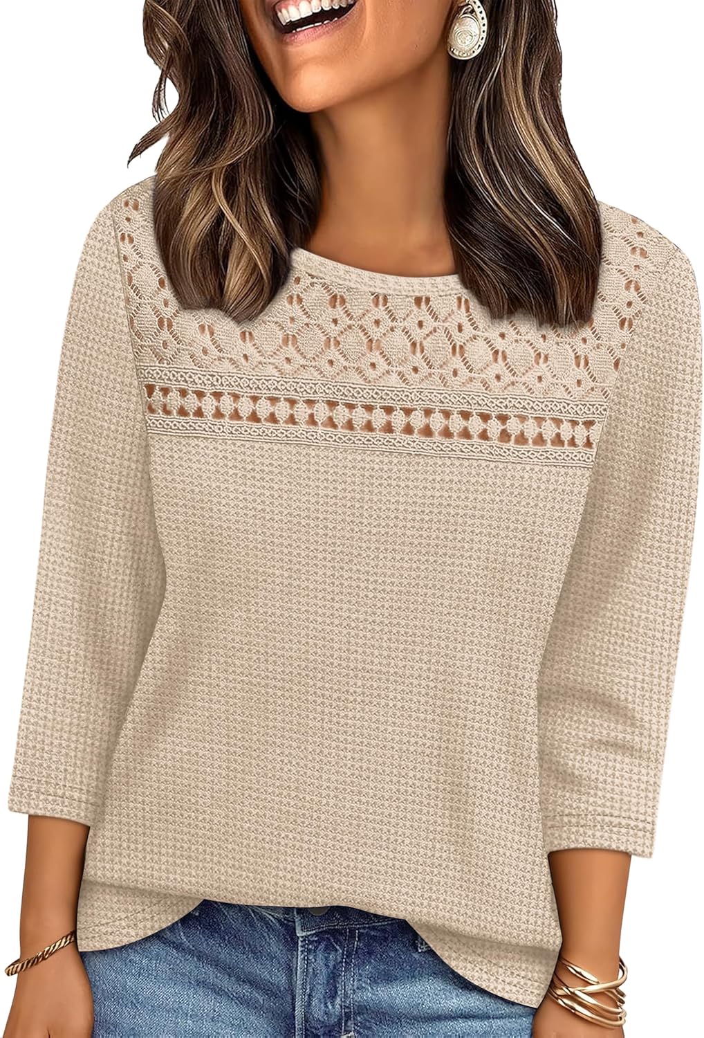 OFEEFAN 3/4 Length Sleeve Womens Tops Spring Summer Outfits Dressy Casual Blouses Lace Trendy Waffle Knit Shirts