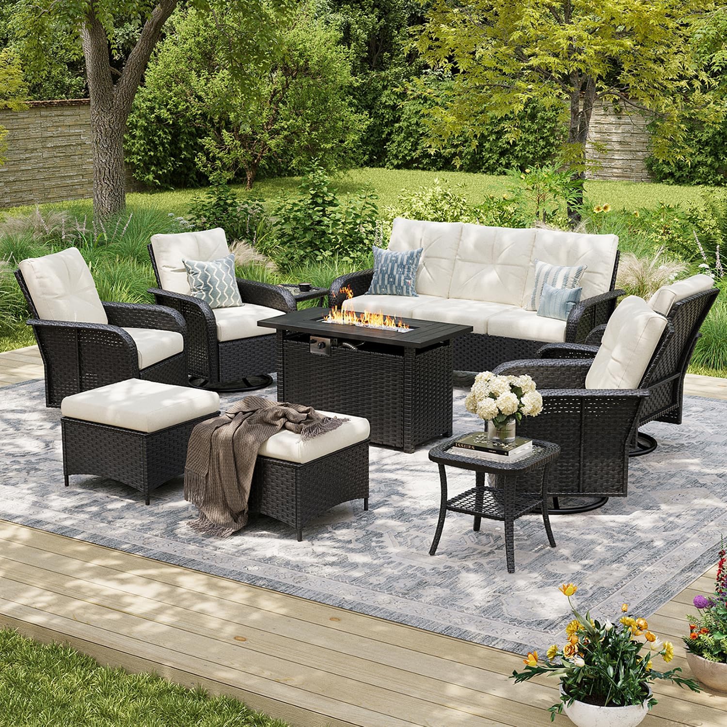 Aoxun Luxury 10-Piece Patio Furniture Set, Black/Beige | 44'' Fire Pit Table, Outdoor Conversation Set, 360° Swivel Chairs, For Backyard, Poolside & Garden