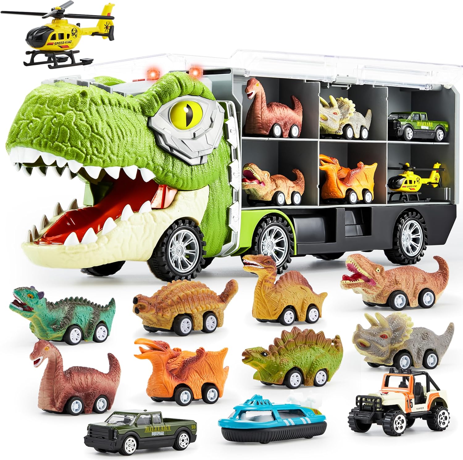 JOYIN 13 in 1 Dinosaur Toys for Kids 3-5, Transport Dinosaur Carrier Truck with 12 Pull Back Cars, Toddler Toys 3-4， Birthday Gifts for 3 4 5+ Year Old Boys