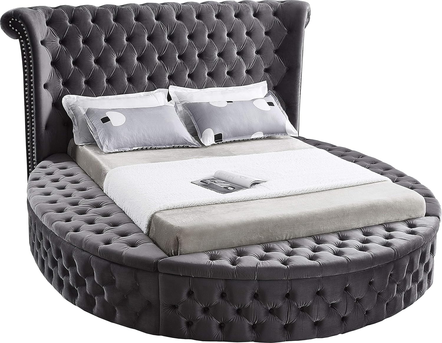 Meridian Furniture Luxus Collection Modern Contemporary Round Shaped Velvet Upholstered Bed with Deep Button Tufting and Footboard Storage, King, Grey