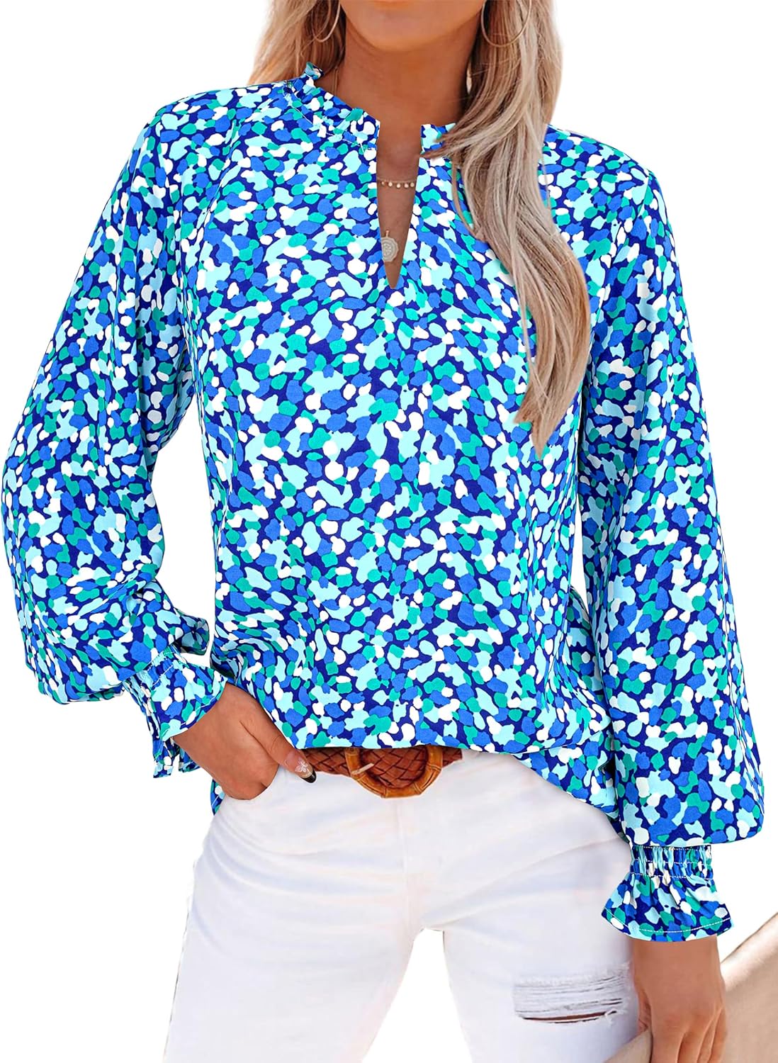 MASCOMODA Womens V Neck Floral Long Sleeve Tops 2026 Summer Casual Loose Puff Sleeve Chiffon Boho Work Blouse Dressy T Shirts