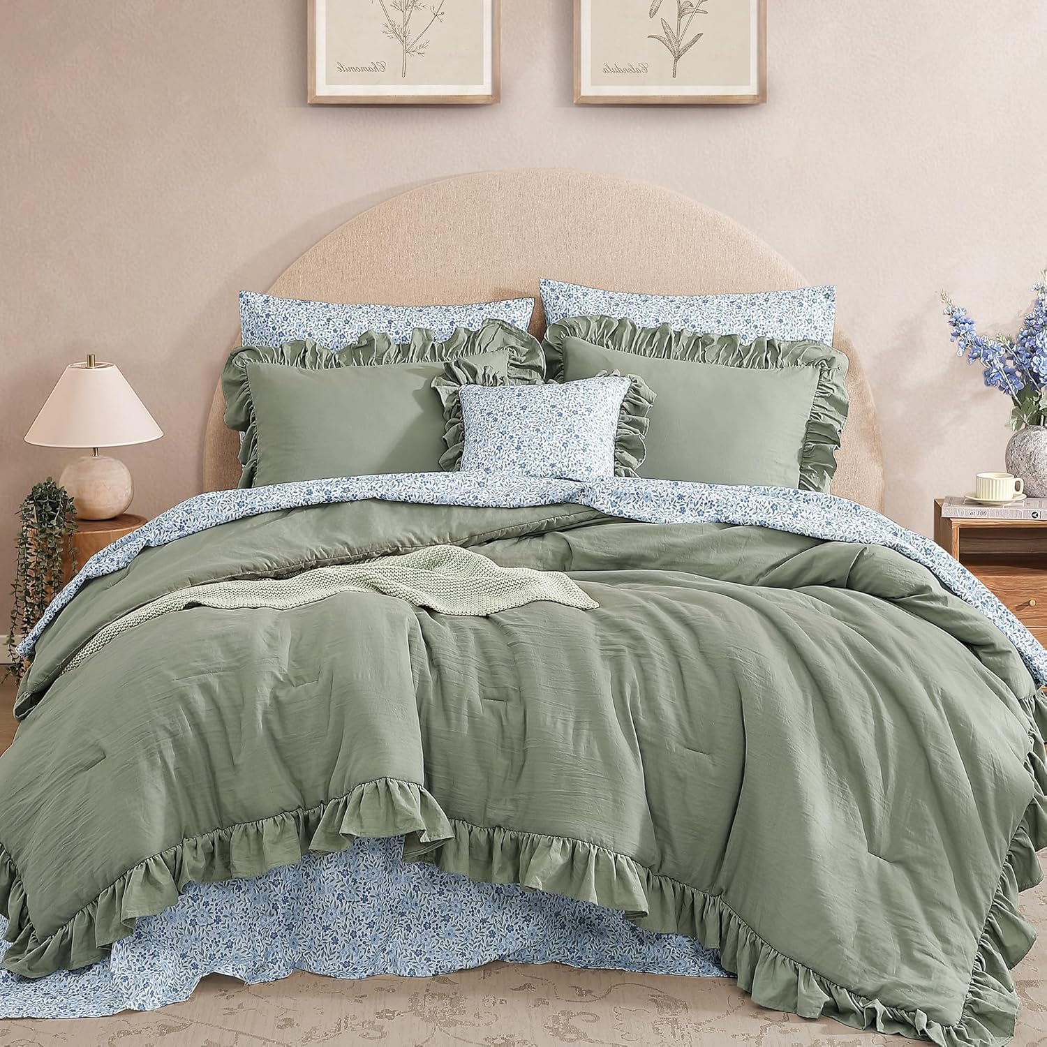 Queen Comforter Set-7 Pieces Ruffle Bedding with Floral Sheet | Sage Green Bed in a Bag, Soft Lightweight All Season Farmhouse Queen Bedding Sets with Floral Sheets, Pillowcases & Shams