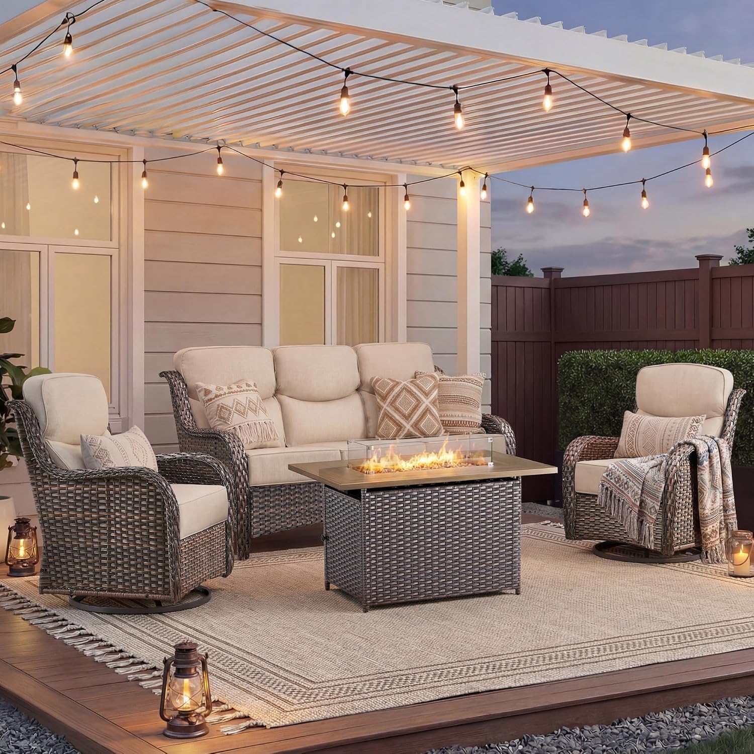Luxury Patio Furniture Set with Fire Pit Table-4 Pieces High Back Wicker Swivel Rocker Chairs with 6" Extra Thick Cushions, Outdoor Patio Conversation Sets for Porch Deck Backyard(Brown/Beige)